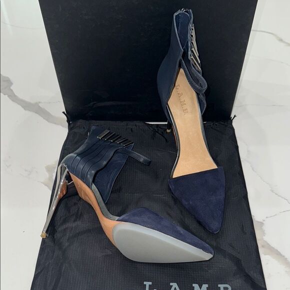 L.A.M.B. Navy and Silver Suede, Leather and Metal Heels - Picture 14 of 16